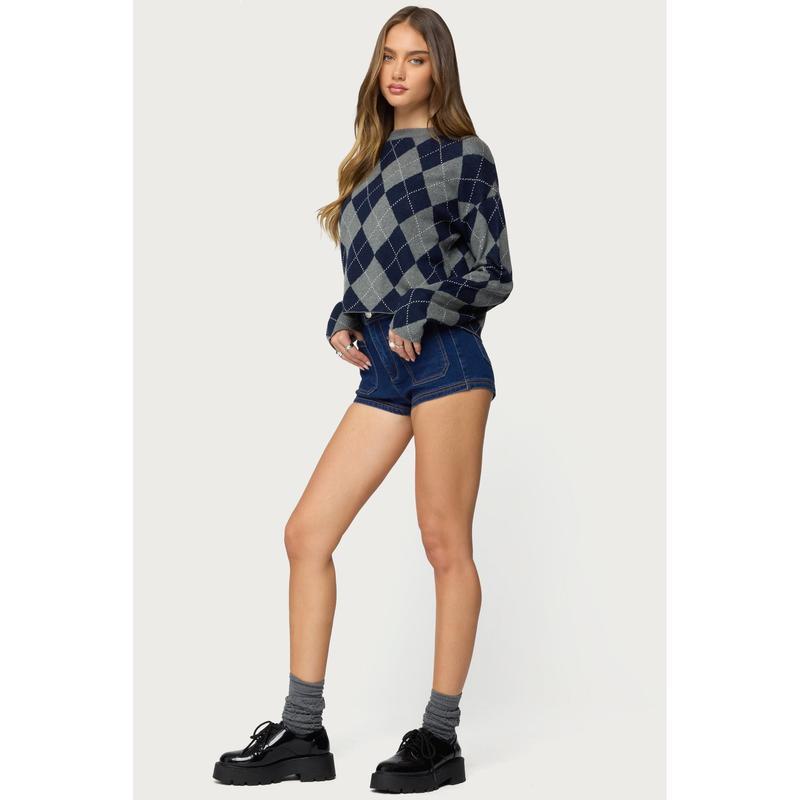Ретро Свитер в стиле кампус, Color-Block, Ромбы, Клетка J32231