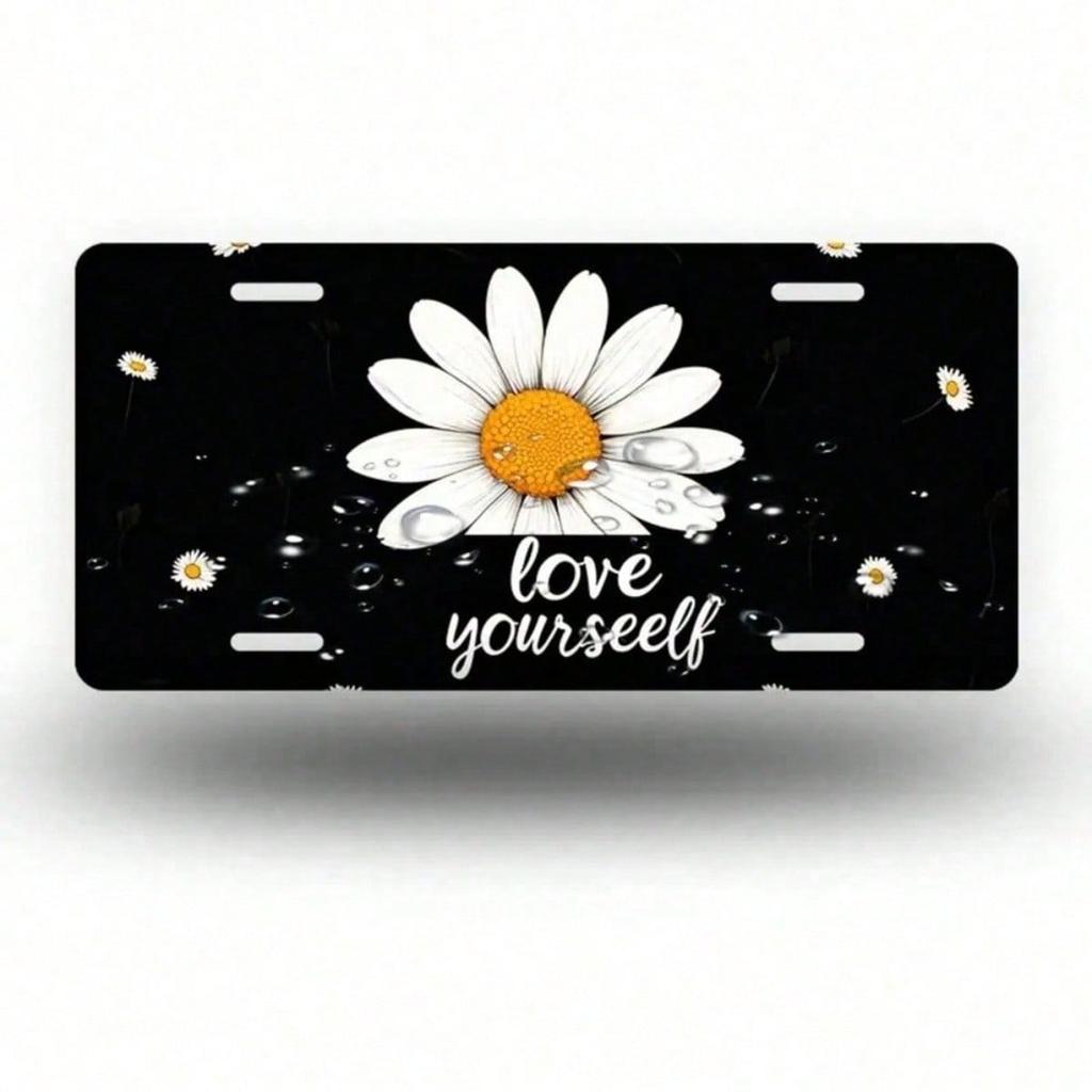 2D Flat White Daisy License Plate Frame, Waterproof Aluminum Front Car Tag Cover, 5.9x11.8 Inch Decorative