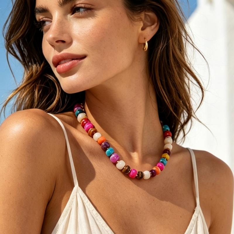 Adjustable Collarbone Necklace with Bold Rounded Resin Beads, Lobster Clasp, Extension Chain and Gold-Tone Spacers
