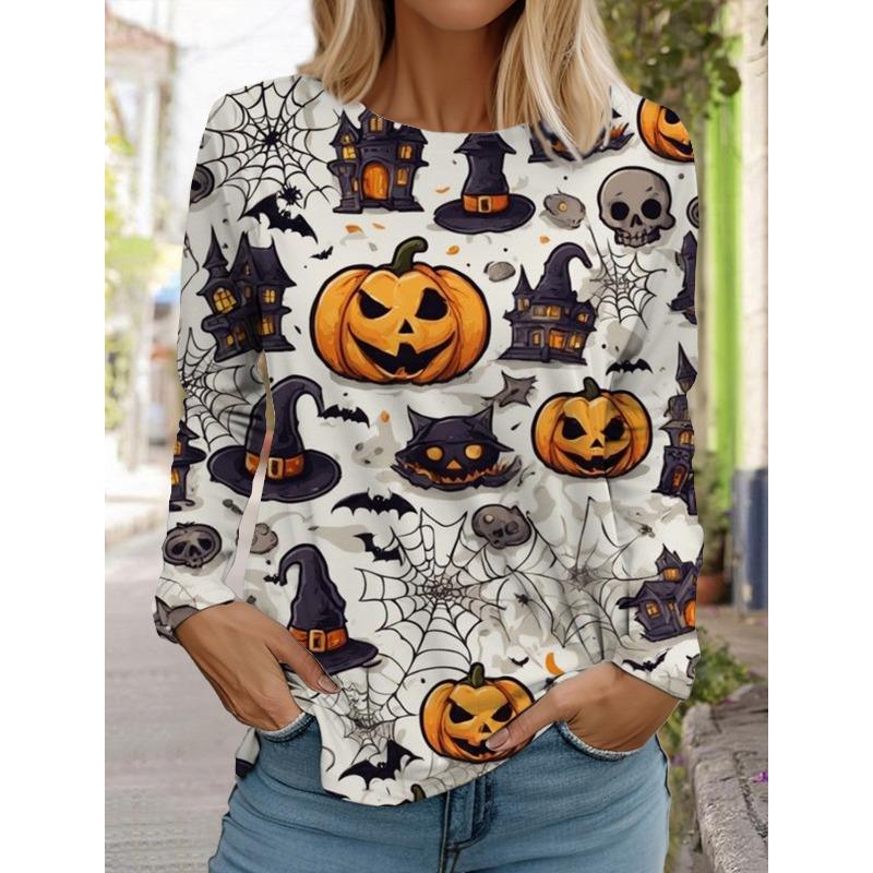 Halloween Women's Long Sleeve Cute Pumpkin Head 3D Pattern T Shirt 2024 Autumn Fashion Women's Top Harajuku Pullover Clothing