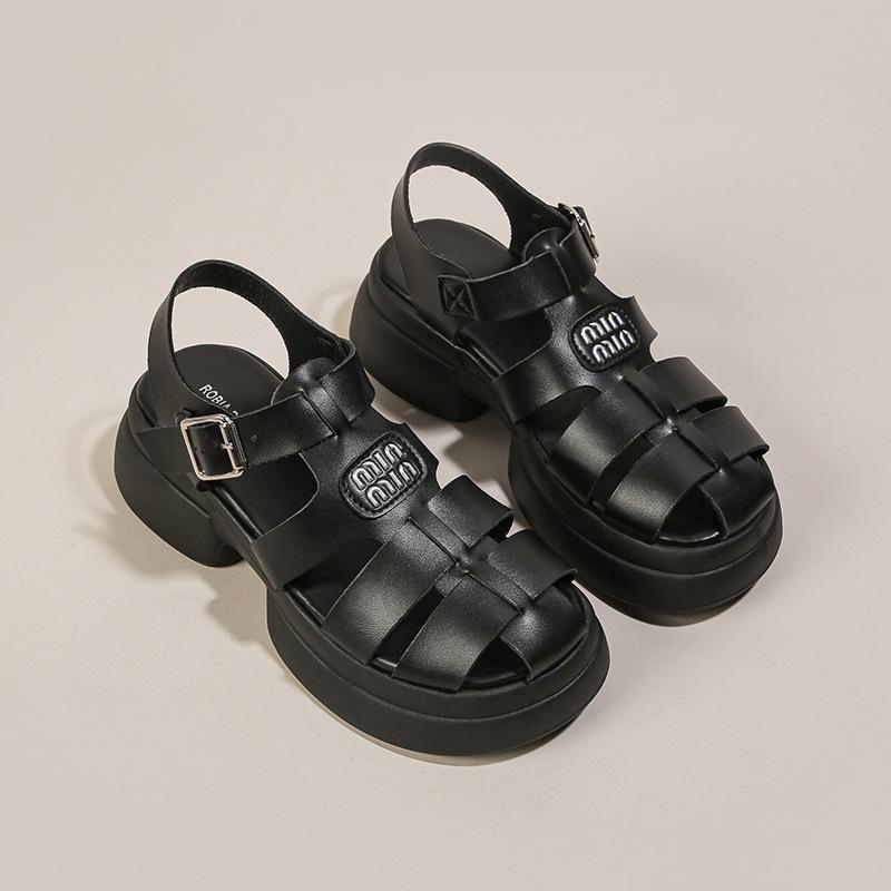 Baotou Roman sandals women's shoes 2025 new thick-soled heightening woven small pig cage shoes hollowed out beach