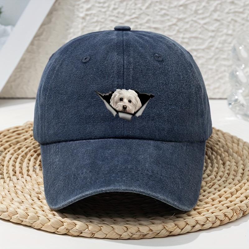 

1pc Women s Cartoon Hole-Punched White Dog Print Accessories Washed Baseball Cap Unisex Dad Hat Soft Top Outdoor Curved Brim Hat Adjustable темно-синього кольору
