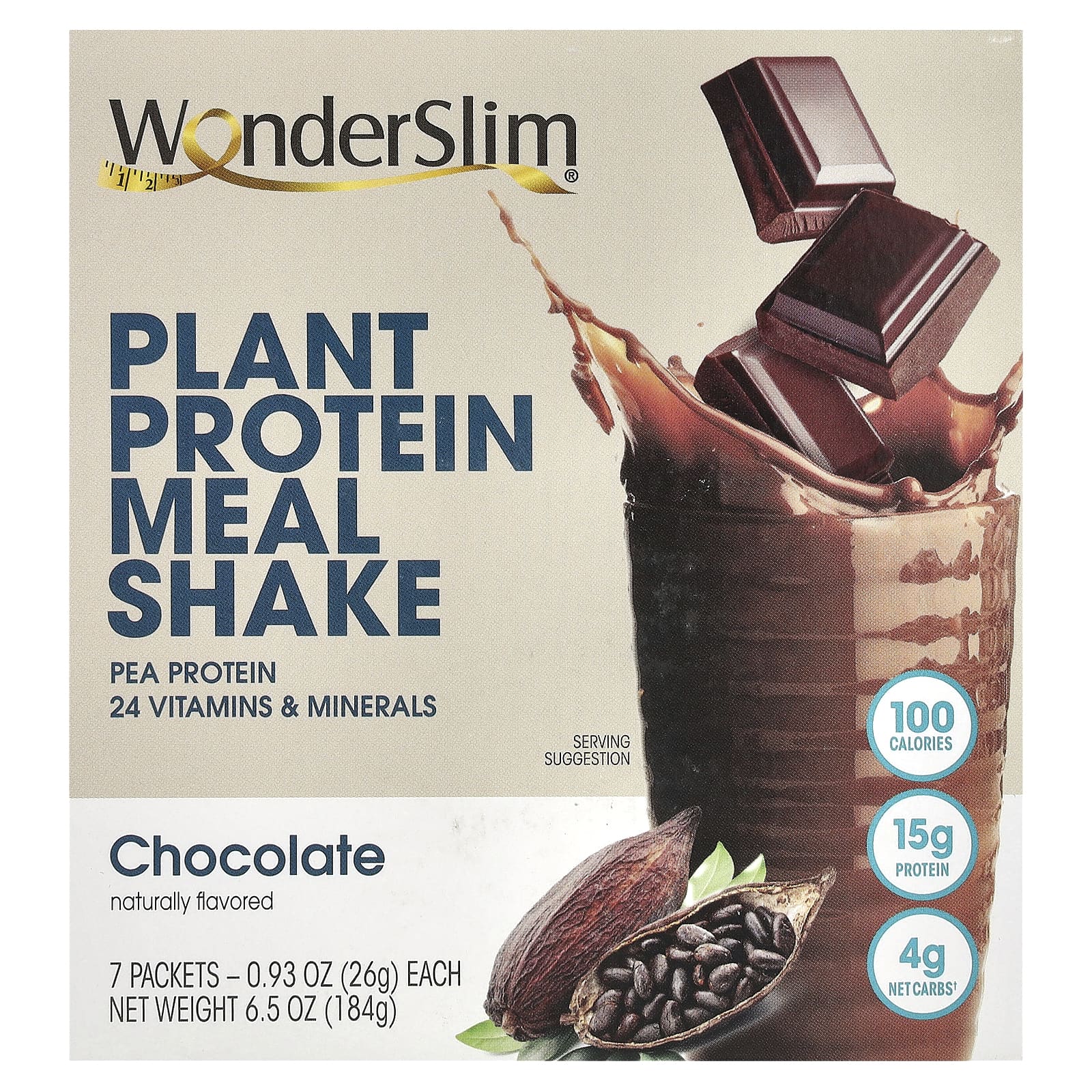

WonderSlim, Plant-based Protein Shake, Chocolate, 7 packs, 0.93 oz (26 g) each