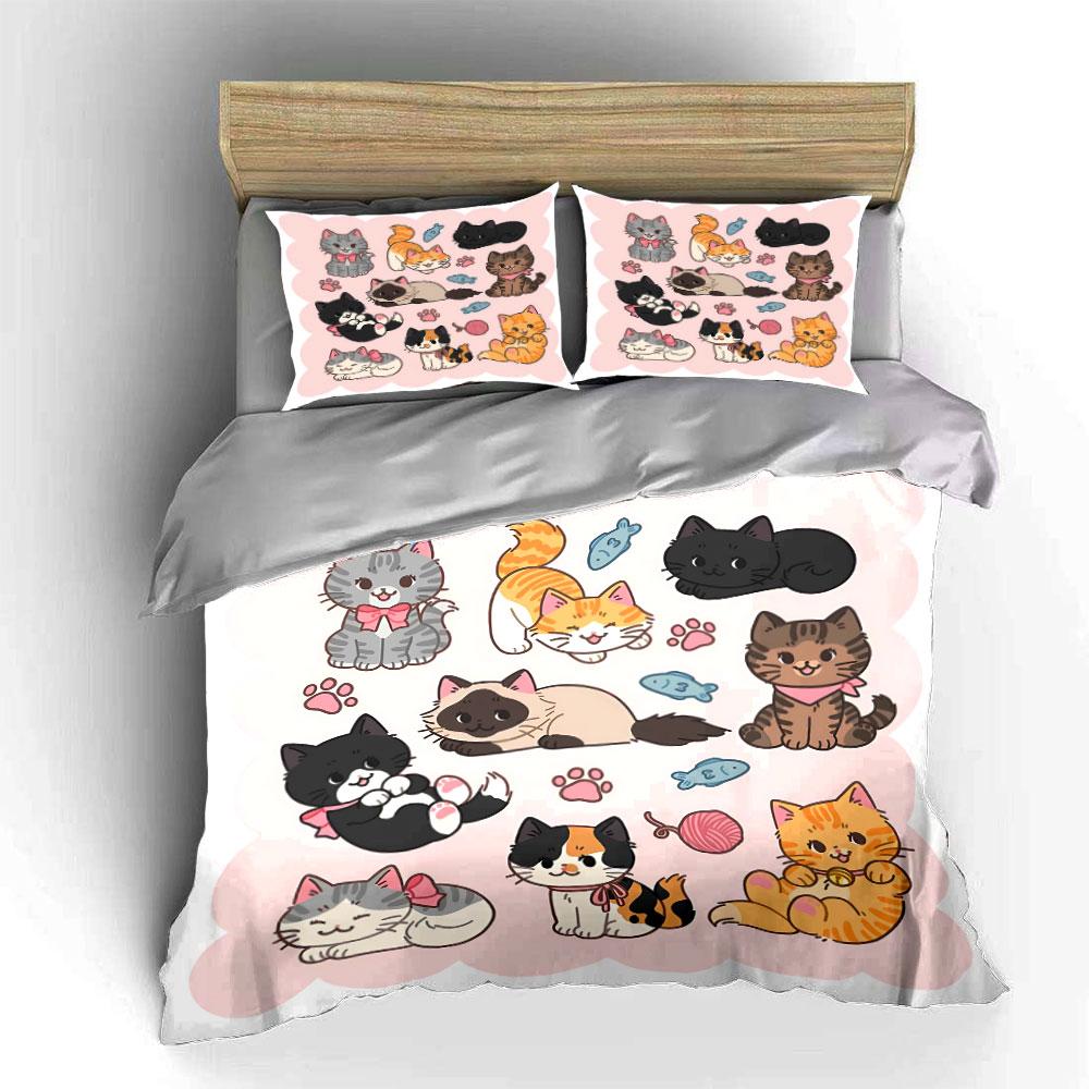 Cute Cartoon Cats Pattern Set Bedding Duvet Cover Set Duvet Cover Pillowcases (1*Duvet Cover 2*Pillowcases, Without Duvet Insert)