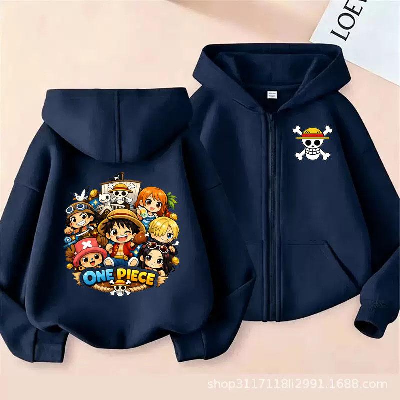 Cartoon Print Clothes Anime One Pieces Zipper Hoodie Kids Long-sleeved Luffy Hooded Sweatshirt Casual Printed Top for Boys Girls