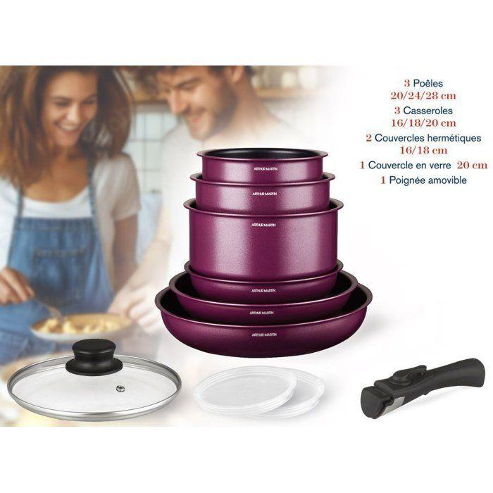 Batterie de cuisine - Tous feux dont induction - ARTHUR MARTIN - AM2991 - Aluminium revêtement anti-adhésif - 10 pièces - Prune