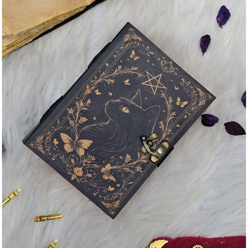 Black Cat Grimoire Journal | Gothic Lockable Witchcraft Diary | Vintage Handmade Leather Bound Notebook | Book of Shadows | Grimoire Book