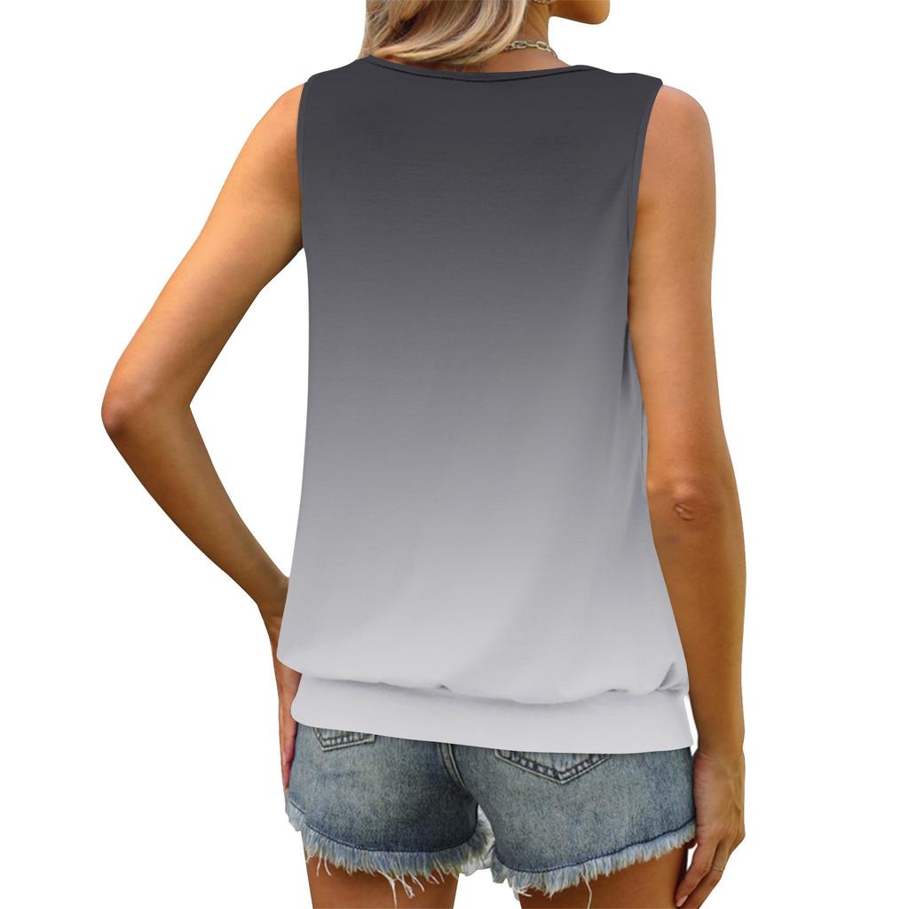 Women's Summer Vest Loose Pleated Round Neck Shirt Casual Sleeveless Top