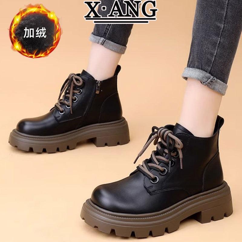 Leder Martin Stiefel Kinder Herbst und Winter neue dicksohlige erhöhende kleine Damenstiefel Fleece warme Kurzstiefel