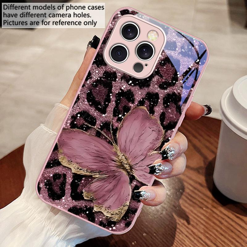 Leopard Purple Butterfly For IPhone 16 Pro Max 15 Pro 14 13 12 Mini 11 XS M ax XR 7 8 Plu SE 2022 Tempered Glass Phone Case