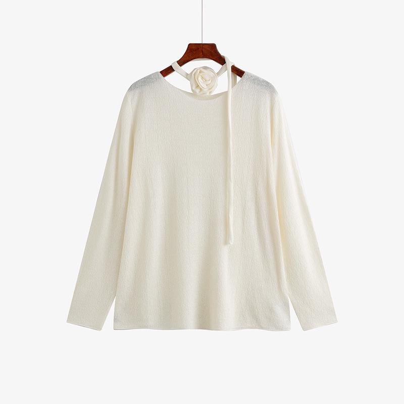 

Plus Size Women s One-Shoulder Casual Top with Flowy Ribbons & Floral Knit - Spring 2026 Collection Cardigan XL (60-80 kg) абрикосовый