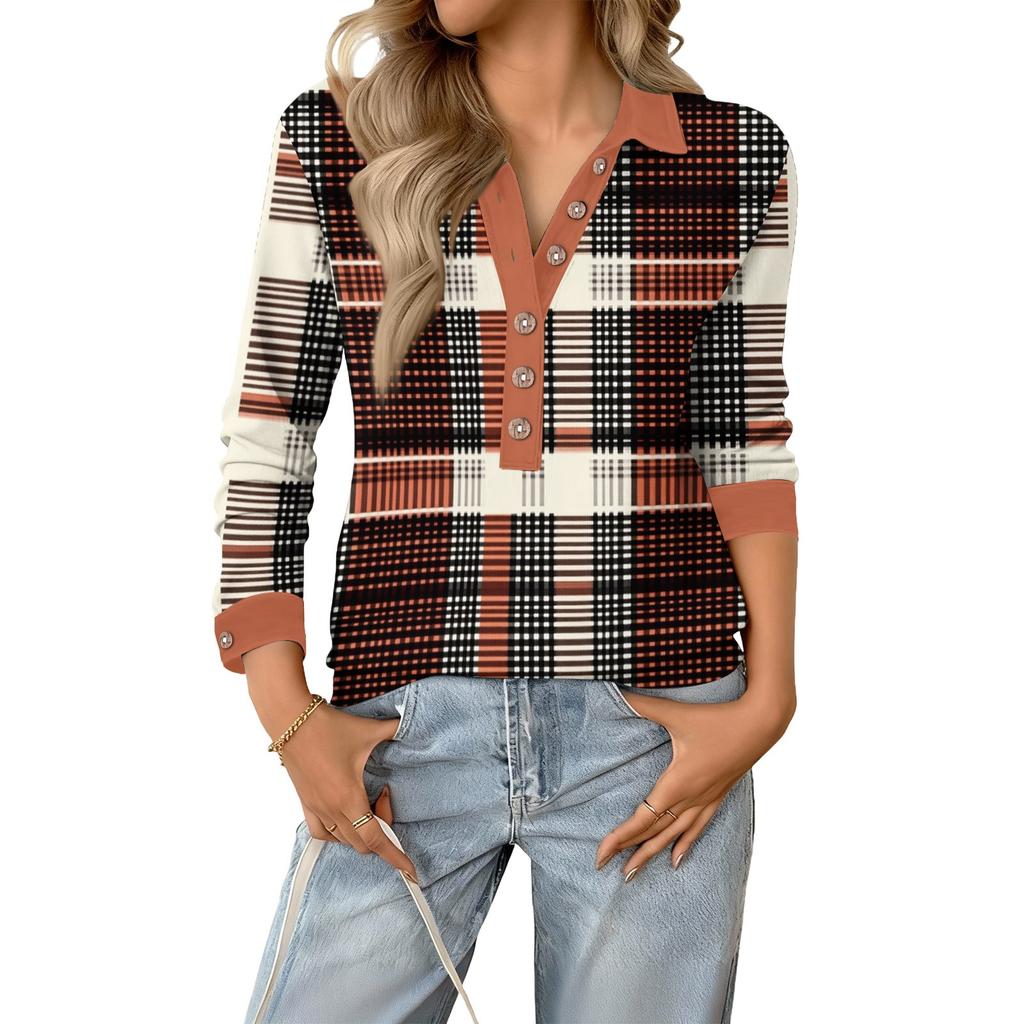 Women's Retro Street Lazy V,neck Long Sleeve Button Plaid Print Pullover Top
