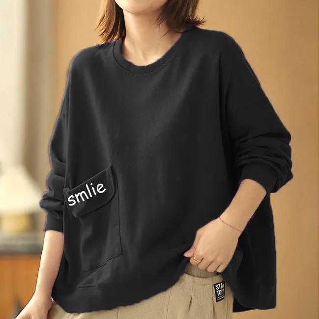 

Весенне-осенний хлопковый свитер с карманами, свободный универсальный круглый вырез, топ для женщин 2XL чёрный