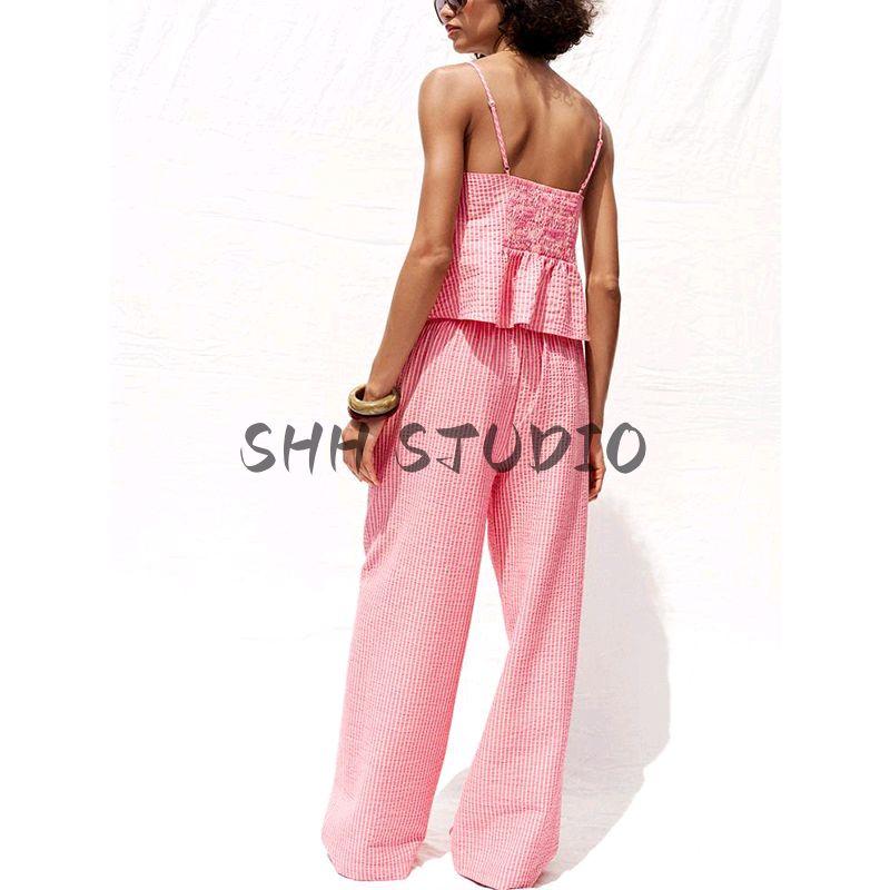 Bowknot Decoration Stripes V-neck Strap Tops 3564108 High Waist Wide Leg Casual Trousers 3564109