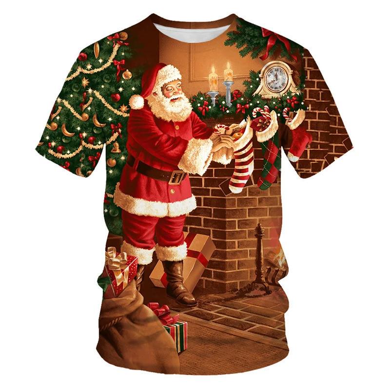 Santa Claus, Christmas Tree, Snowman, Printed Holiday Party, Men's Unisex Fashion T-shirt, Children's Round Neck Casual Short Sleeved Shirt