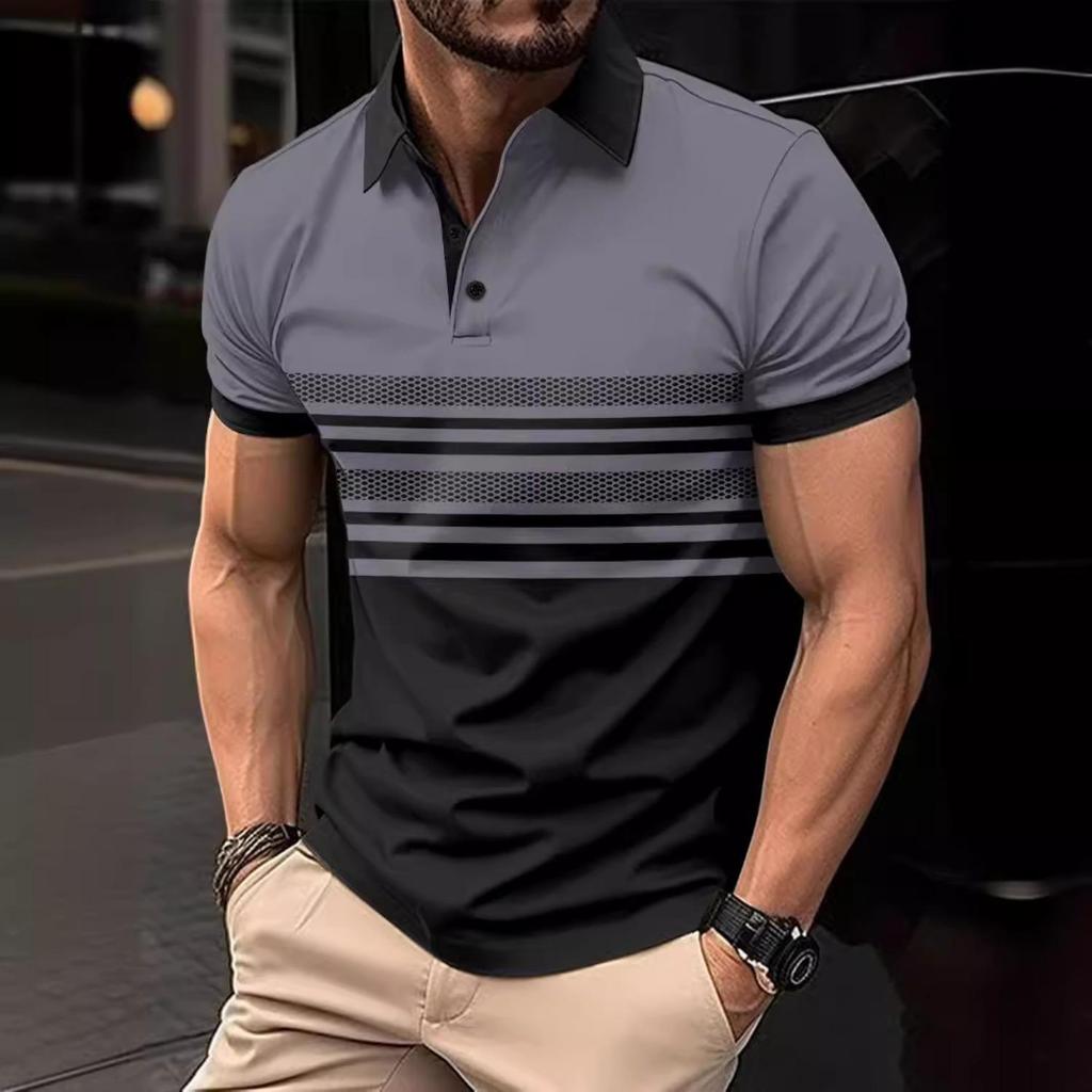 Summer New Men's Daily Sports Casual Stripe Printed Lapel Short Sleeve Pullover Shirt
