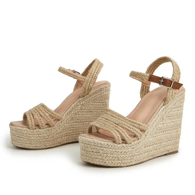 Fashion 2024 New design bohemian wedges platform peep toe sandals ankle strap high heel comfort casual shoes pumps rope sole