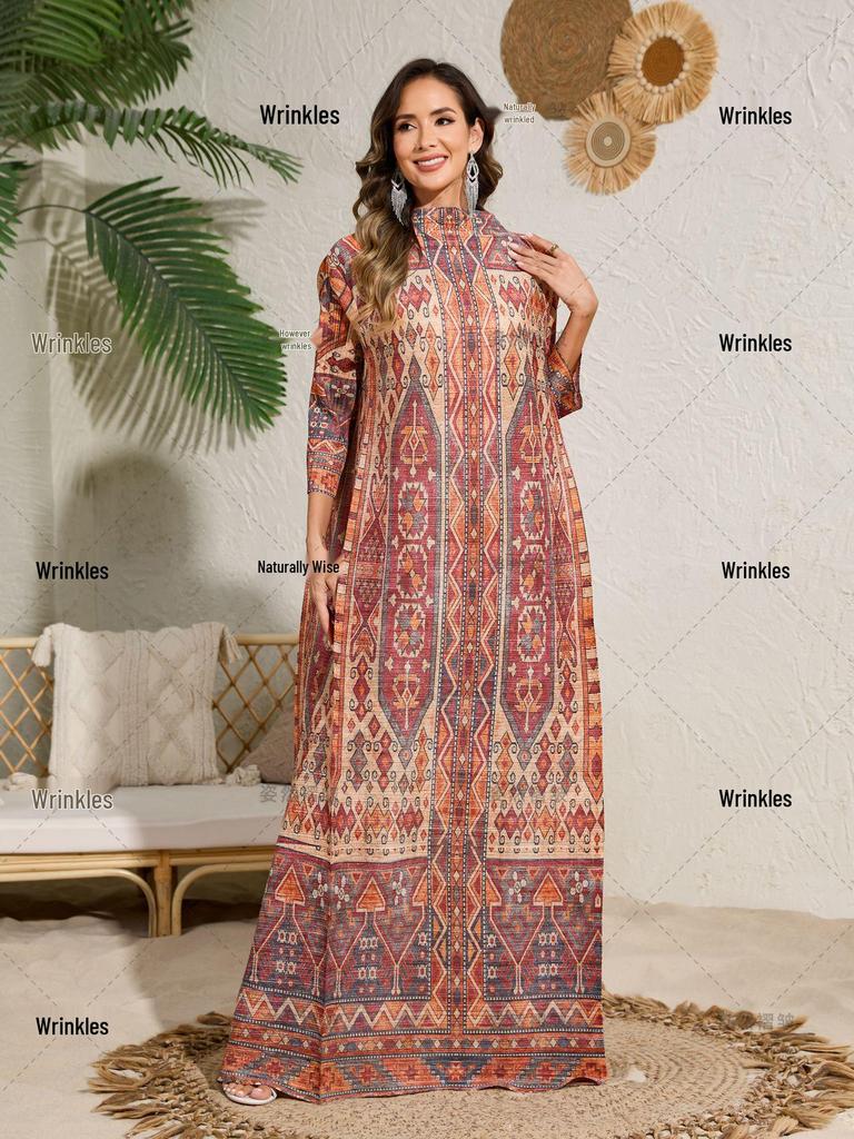 Middle East Plus Size Women's Pleated Print Abaya Dress