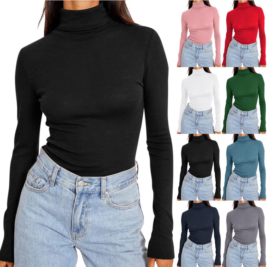 Women's Turtleneck Long Sleeve Shirts Solid Color Fall Fashion Basic Slim Fit Soft Thermal Tops