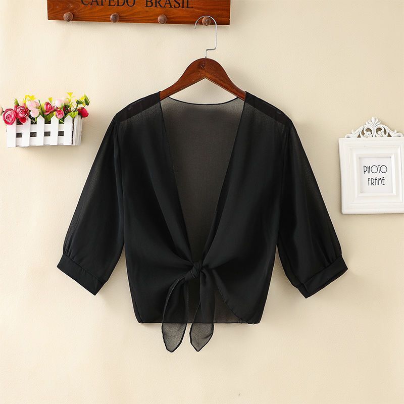 

Корейський Короткий Шифоновий Накидка-Шарф з Бантом для Захисту від Сонця Жіночий Літній Тонкий Прозорий Блуза Плечі Накладний Комір Кейп Зав язаний Шарф T95