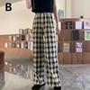 Women's Retro Wide Leg Casual Pants Elastic Summer High Waist Loose Plaid Lightweight