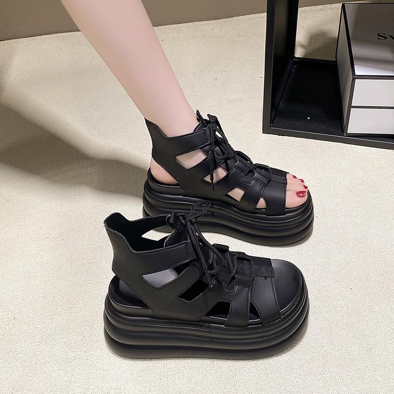 fashion Thick-soled Daddy Sandals for Women Summer New Casual 8cm Increased Fish Mouth Wedge Heel Lace-up High-top Roman Sandals