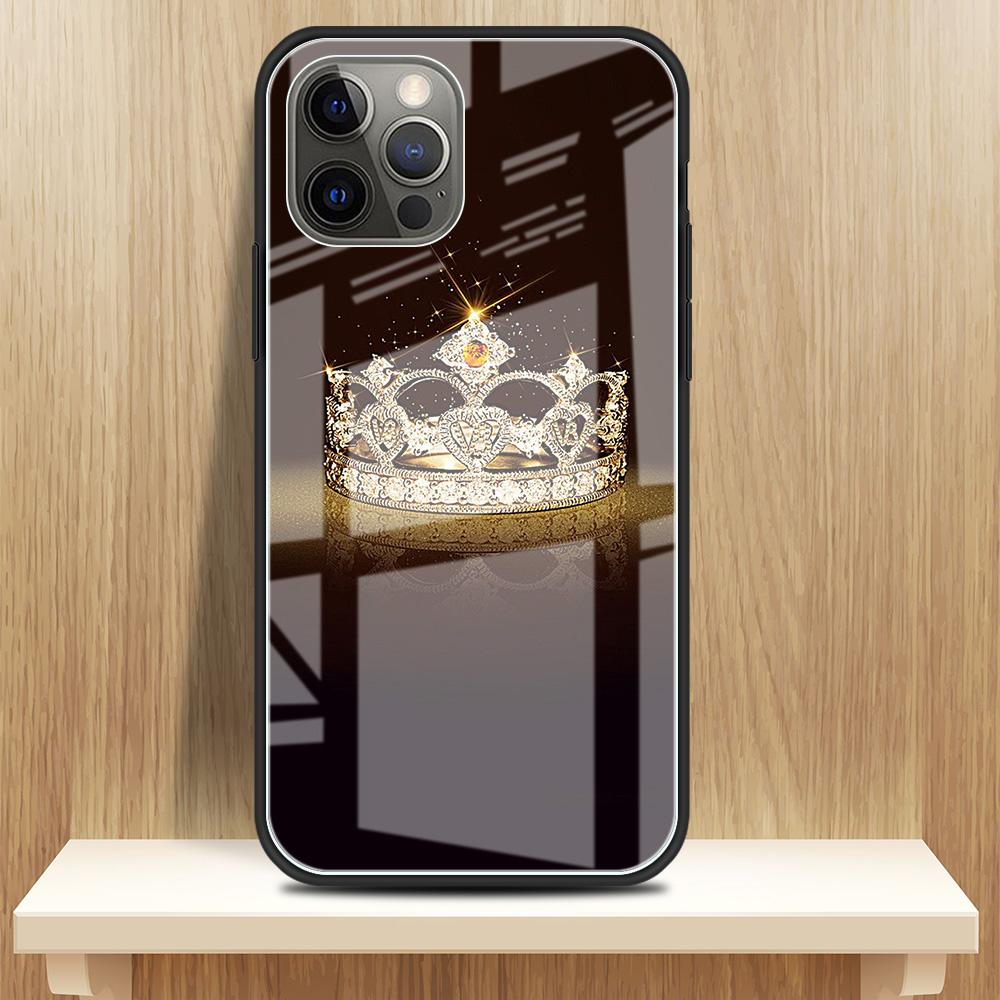 Diamond Crown Printing Glass Case For iPhone 11 13 12 14 Pro XR X XS Max 7 8 6 6S Plus SE 2020 Tempered Black Edge Phone Covers