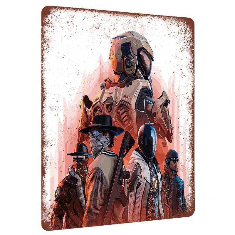 Cyberpunk Mechanical Warrior and Mystery Team Themed Metal Tin Sign Living Room Study Decor Painting