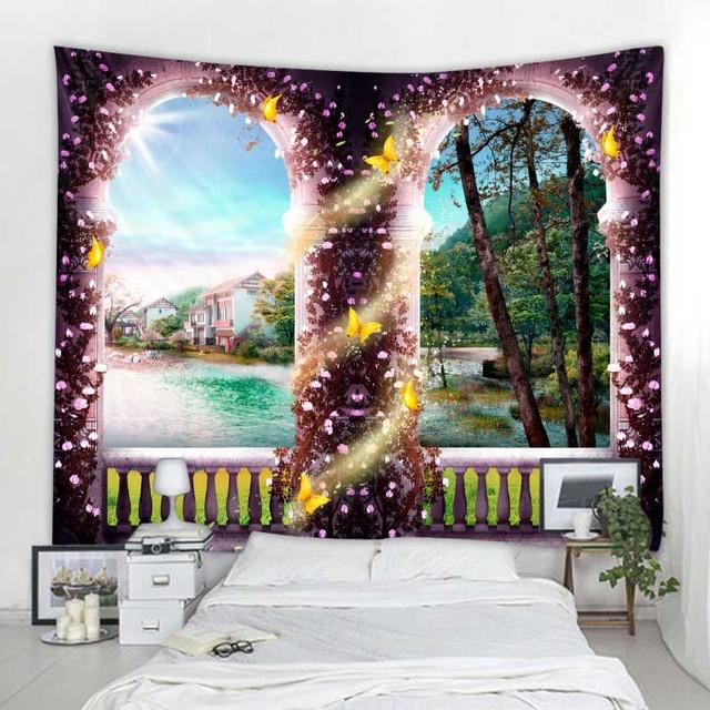 Балконное окно пейзаж гобелен настенный в стиле бохо простыня диван одеяло эстетика гостиная спальня украшение стены