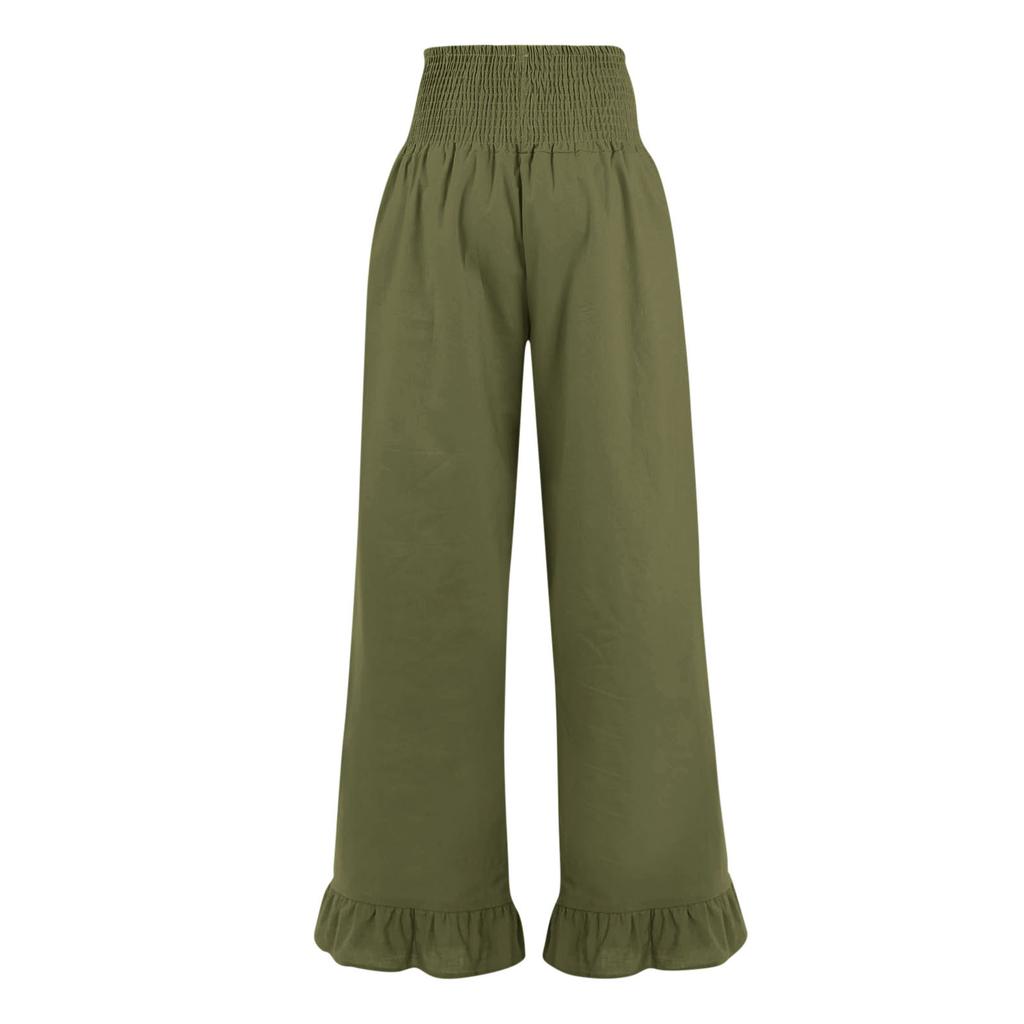 Women's Elastic Belt Pocket Linen Pants Pleated Paper Bag High Waist Ruffled Hem Wide Leg Trousers