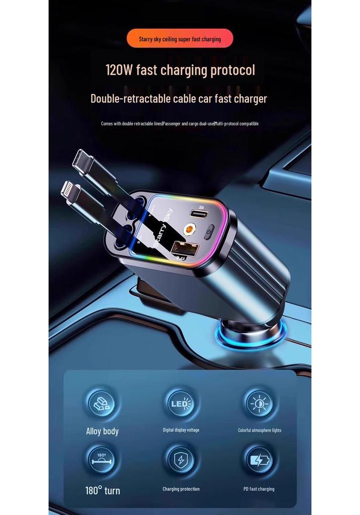 Retractable 4-in-1 Car Charger with RGB Ambient Light and Starry Sky Ceiling.