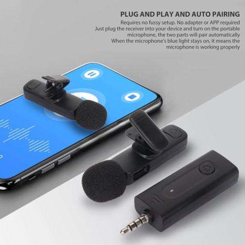 ASHATA 2.4G Wireless Lavalier Lapel Microphone, Rechargeable, Noise Reduction, Cordless Omnidirectional Condenser Recording Microphone with 3.5mm Inte