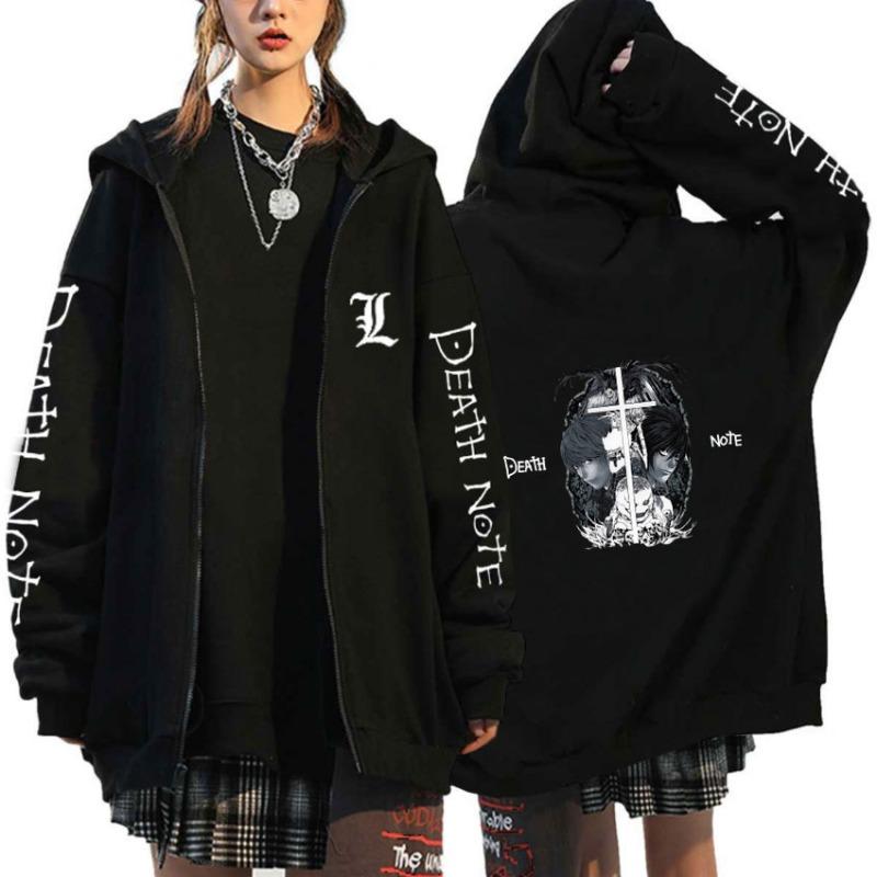 Japan Anime Death Note Lynlås Hættetrøjer Gotisk Herre Tegneserie Misa Amane L Ryuk-Grafik Streetwear Sort Fleece Lynlås Jakke Frakker