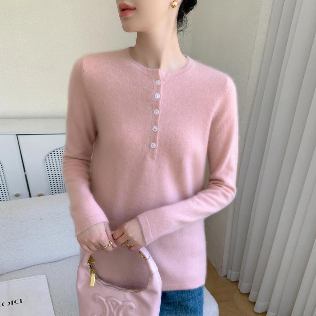 2025 Autumn/Winter Women's Cashmere Sweater: Round Neck, Slim Fit, Loose Buttoned Pullover