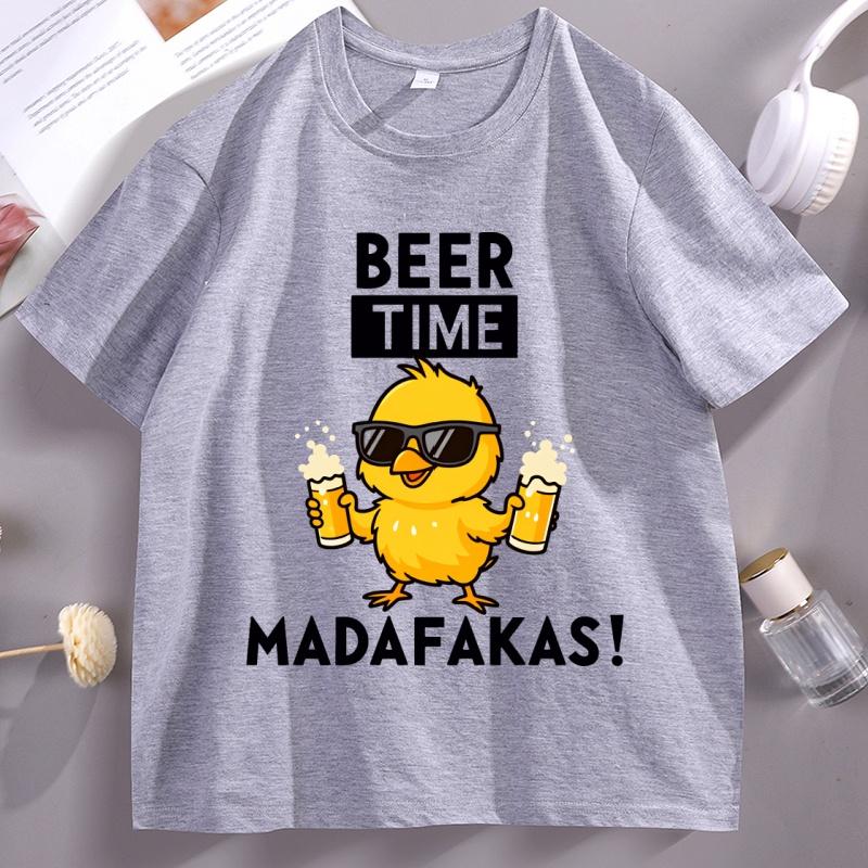 Beer Time Madafakas Tshirts Fun Chick Mascot Holding Two Beers TShirts Party Decor Tshirt Unisex Women Summer Drink Tees Clothes
