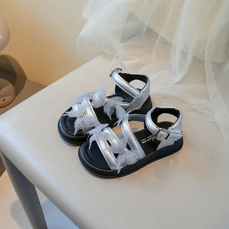 

Girls Sandals Mesh Lace Butterfly Kids Beach Shoes Open Toes Non-slip 2025 Summer New Children Princess Shoes Soft Sole Sweet 26 серебряный