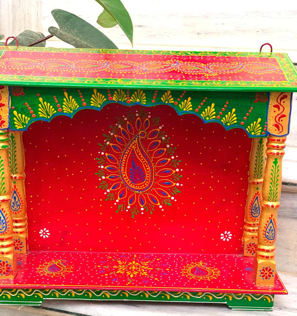 Handmade Painted Wood Mandir: Embossed Hindu Home Altar