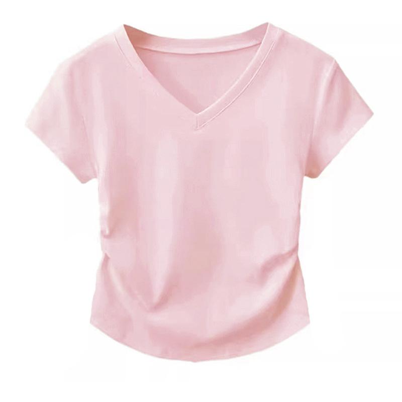 Women's Summer Slimming Pleated V-Neck Cropped T-Shirt, Pure Cotton, Short-Sleeved, Trendy 2026.