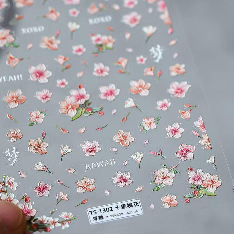3D Embossed Peach Blossom Nail Art Stickers - Ancient Chinese Style, Waterproof, DIY for Students