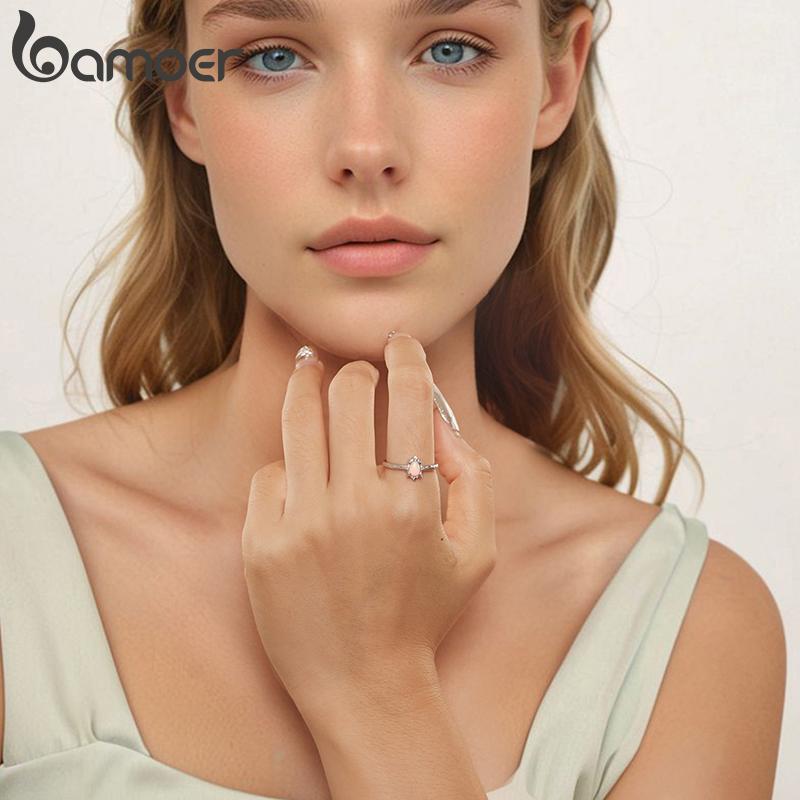 BAMOER 925 Sterling Silver Aurora Opal Solitaire Ring, Gold Plated Adjustable Finger Rings Dainty Chic Jewelry