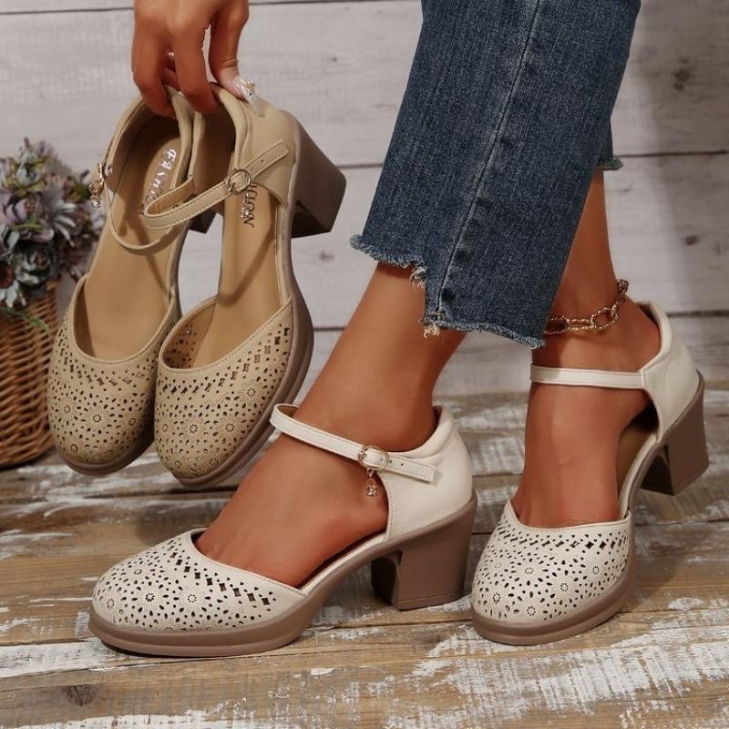 Women Retro Rome Sandals Summer Ankle Strap High Heels Hollow Out Breathable Pumps Woman Comfortable Chunky Heeled Platform Shoe