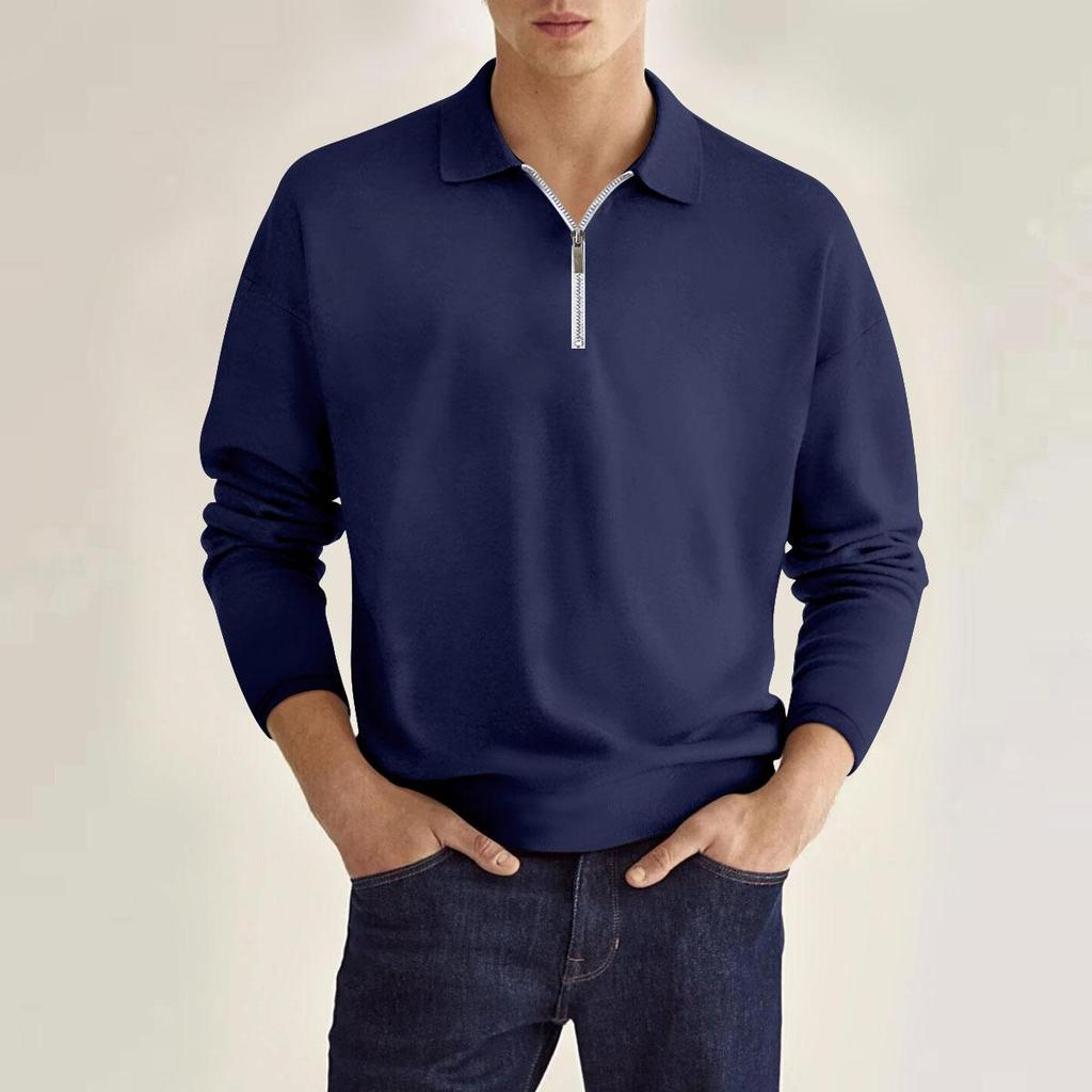 Fashion Men's Casual Polo Top Shirt Zip Solid Colour Men's Long Sleeve Sports Polo Shirt