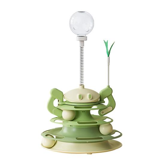 

Игрушка для кошек с поворотным столом, 3-уровневая роликовая дорожка, башня для кошек, игрушка с перьями и шариками, интерактивная головоломка для кошек, живущих в помещении зелёный