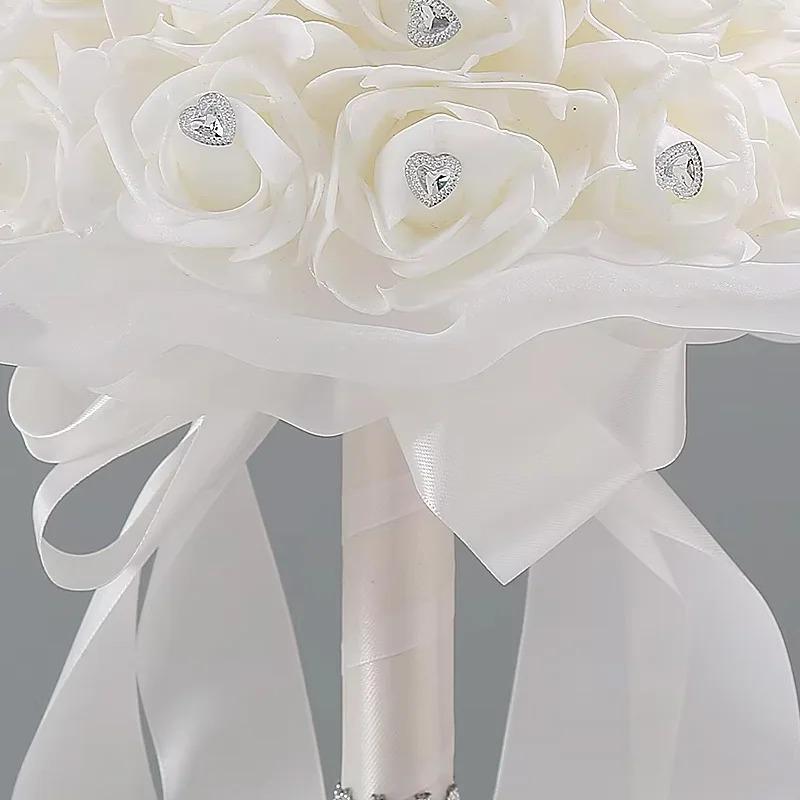 White PE Rose Bridal Bouquet, Artificial Hand Flower with Heart Rhinestone, Satin Ribbon, Bride Wedding Photography Prop