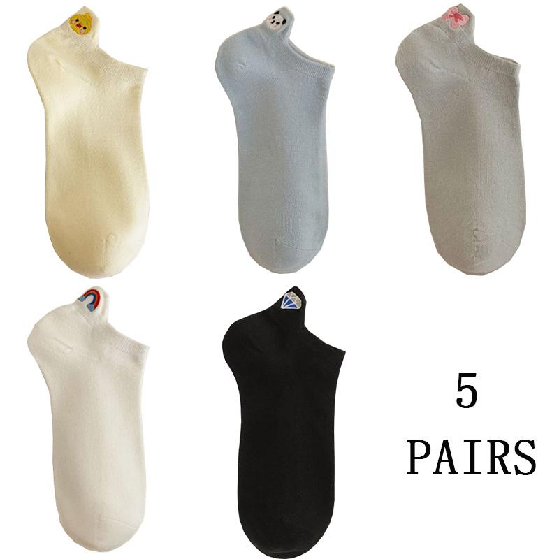 

5 пар милых женских носков с вышивкой животных, весенне-летние, короткие, с мелким вырезом, модные, радужные, женские носки-следки, набор One Size