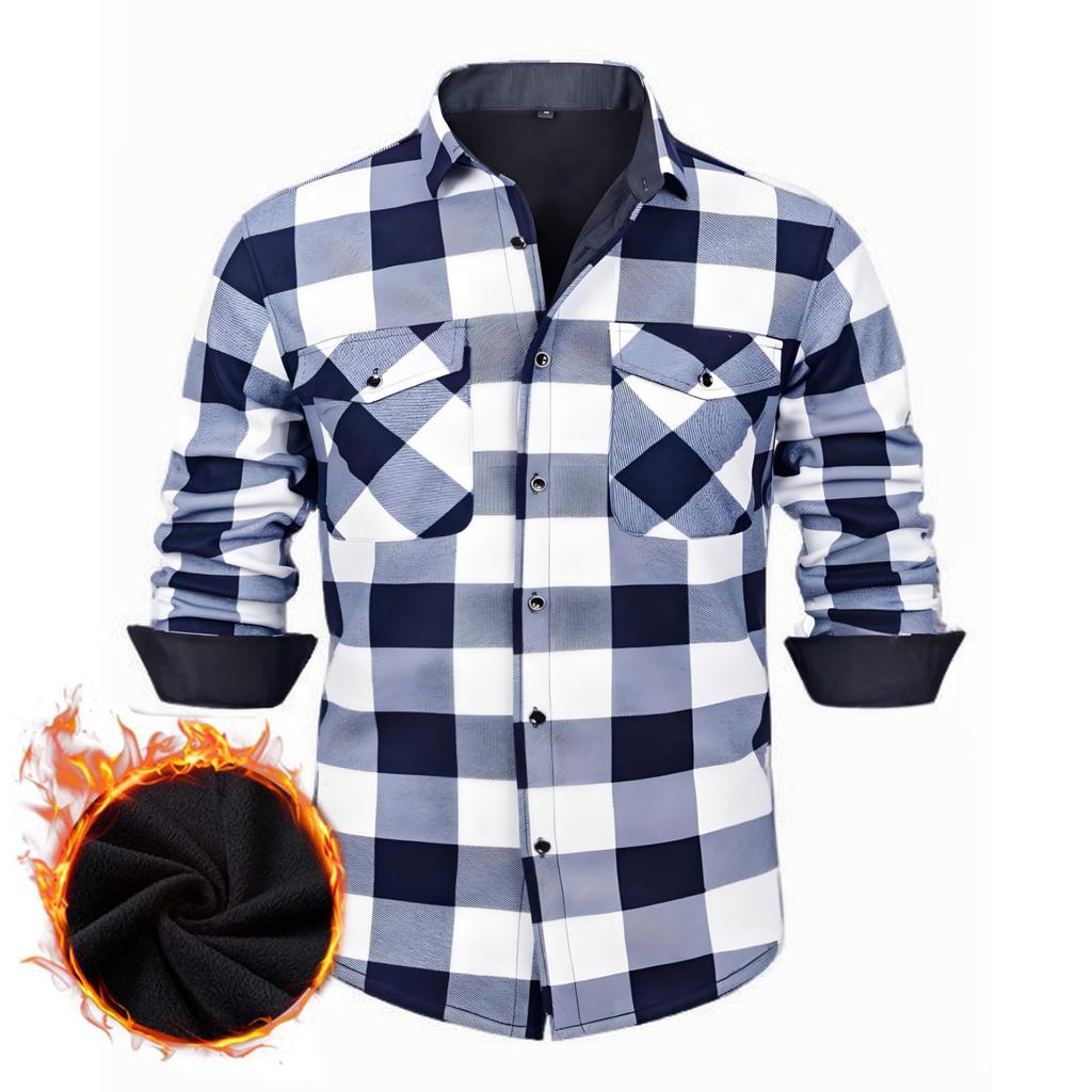 Men's Casual And Trendy Checked Button Cardigan, Men's Lapel Long-sleeved Inner Fleece Warm Coat