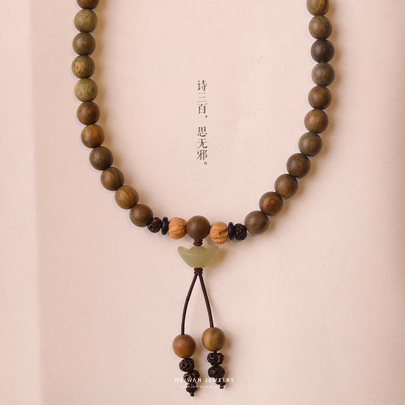 Huaixuwei late green sandalwood bracelet for women, vintage couple's bracelet, natural sandalwood scent, Buddhist bead jewelry, antique-style gift
