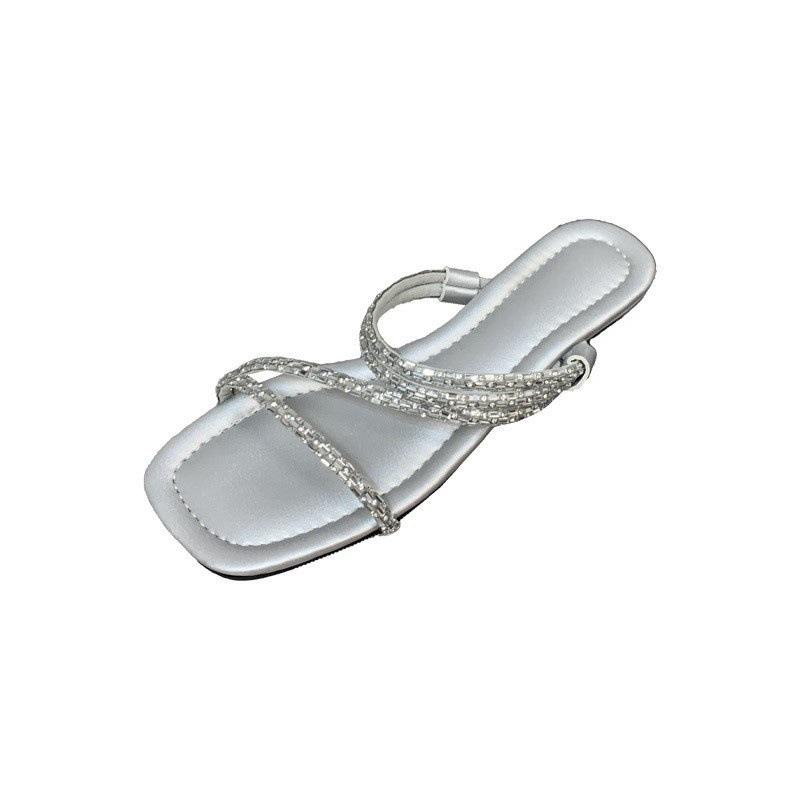 One-word drag 2025 new rhinestone one-word strap low heel fashion women's cool slippers summer two wear