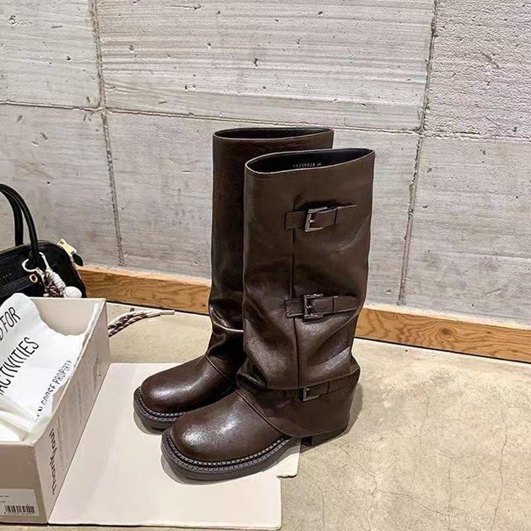 Cowhide version! Spice Girls Pant Boots~ 6.5cm Height Increasing Buckle Mid Tube Western Knight Boots Women's Pile Boots