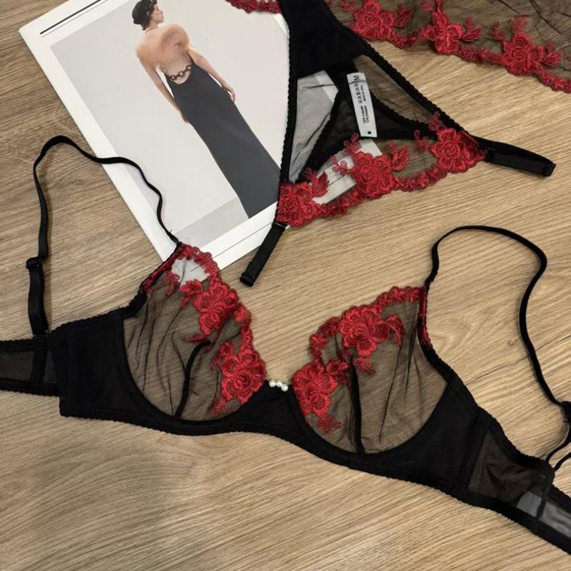 Französisches Ultra Dünnes Spitze Blumen Stickerei Dessous Set Sexy Netz Atmungsaktiver BH Damen Hohe Qualität Intimwäsche Tanga Set